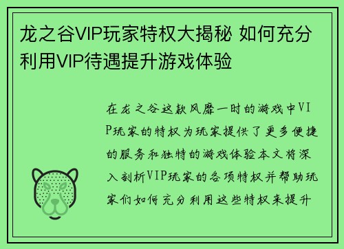 龙之谷VIP玩家特权大揭秘 如何充分利用VIP待遇提升游戏体验